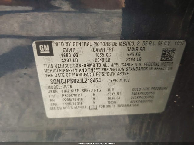 45500190 :رقم المزاد ، 3GNCJPSB2JL218454 vin ، 2018 Chevrolet Trax Lt مزاد بيع