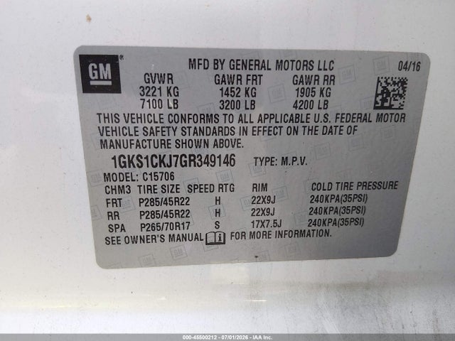 45500212 :رقم المزاد ، 1GKS1CKJ7GR349146 vin ، 2016 Gmc Yukon Denali مزاد بيع