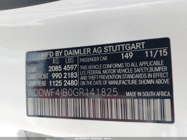 2016 Mercedes-benz C 300 მანქანა იყიდება აუქციონზე, vin: WDDWF4JB0GR141825, აუქციონის ნომერი: 45500215