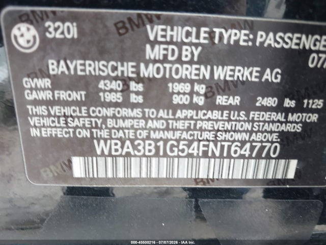Продажа на аукционе авто 2015 Bmw 320i, vin: WBA3B1G54FNT64770, номер лота: 45500216