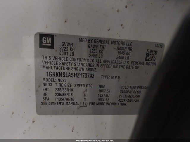 Продаж на аукціоні авто 2017 Gmc Acadia Sle-2, vin: 1GKKNSLA5HZ173793, номер лоту: 45500220