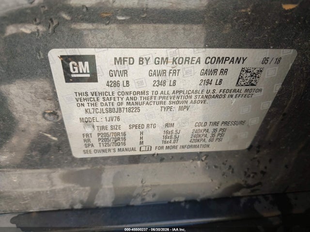 KL7CJLSB0JB718225 Chevrolet Trax Lt