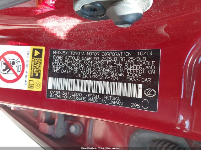 Продажа на аукционе авто 2015 Lexus Es 350, vin: JTHBK1GG9F2166704, номер лота: 45500249