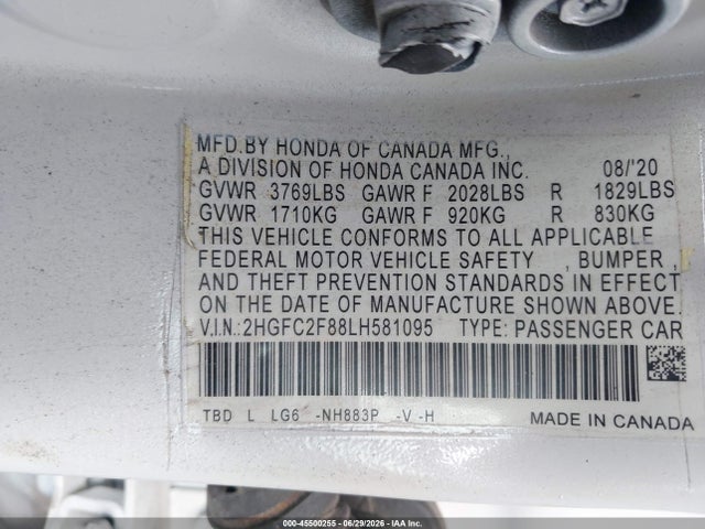2020 Honda Civic Sport მანქანა იყიდება აუქციონზე, vin: 2HGFC2F88LH581095, აუქციონის ნომერი: 45500255