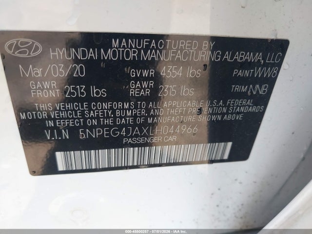 45500257 :رقم المزاد ، 5NPEG4JAXLH044966 vin ، 2020 Hyundai Sonata Se مزاد بيع