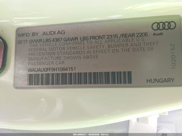 45500277 :رقم المزاد ، WAUAUGFF9H1064151 vin ، 2017 Audi A3 Premium مزاد بيع