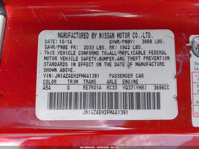 Aukcja sprzedaży 2015 Nissan 370z, vin: JN1AZ4EH2FM441391, numer aukcji: 45500283