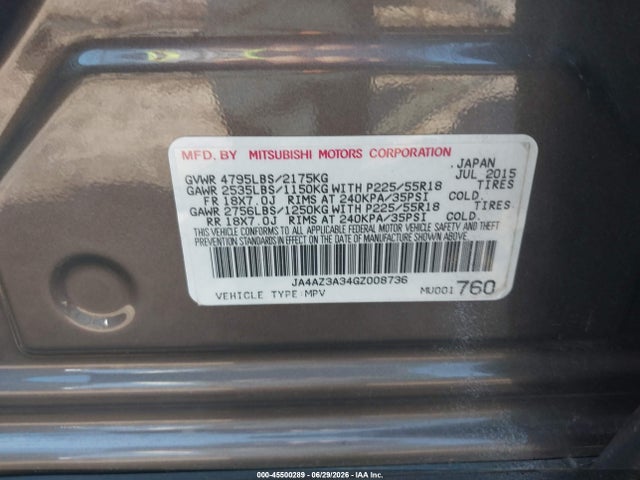 2016 Mitsubishi Outlander Se მანქანა იყიდება აუქციონზე, vin: JA4AZ3A34GZ008736, აუქციონის ნომერი: 45500289