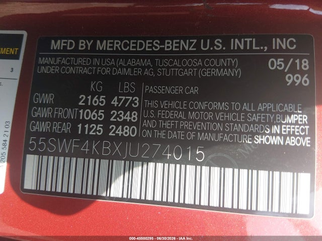2018 Mercedes-benz C 300 4matic მანქანა იყიდება აუქციონზე, vin: 55SWF4KBXJU274015, აუქციონის ნომერი: 45500295