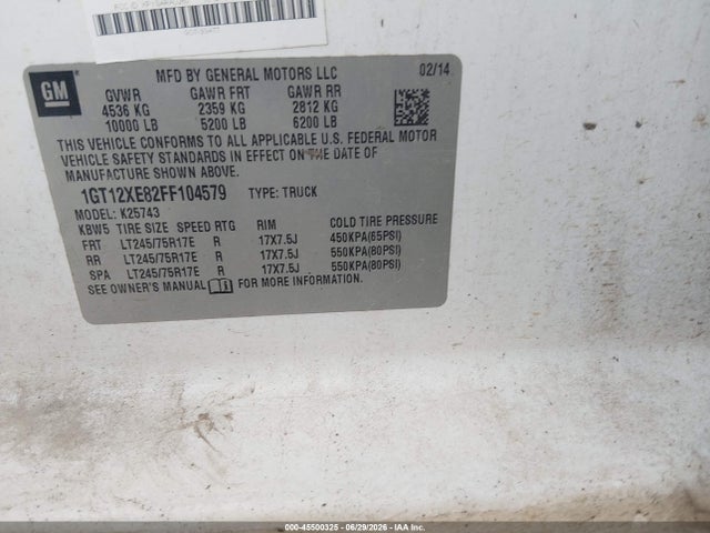 Aukcja sprzedaży 2015 Gmc Sierra 2500hd, vin: 1GT12XE82FF104579, numer aukcji: 45500325