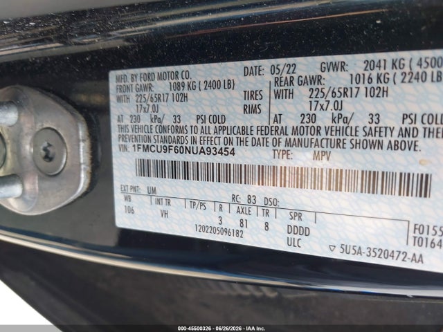 Продаж на аукціоні авто 2022 Ford Escape S, vin: 1FMCU9F60NUA93454, номер лоту: 45500326