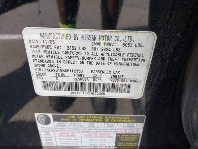 Aukcja sprzedaży 2006 Infiniti M35, vin: JNKAY01EX6M112358, numer aukcji: 45500355