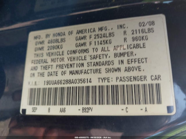 Auction sale of the 2008 Acura Tl 3.2, vin: 19UUA66288A035614, lot number: 45500375