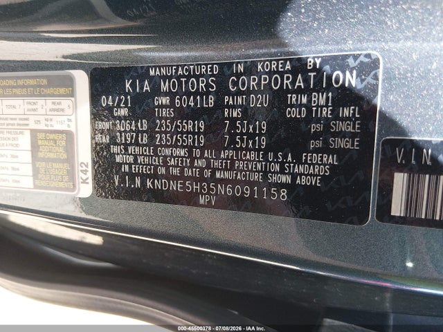 KNDNE5H35N6091158 KIA Carnival Mpv Sx Prestige