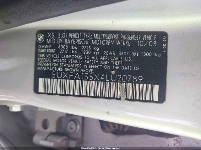 Продажа на аукционе авто 2004 Bmw X5 3.0i, vin: 5UXFA135X4LU20789, номер лота: 45500382