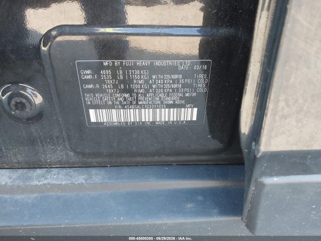 2016 Subaru Outback 2.5i Limited მანქანა იყიდება აუქციონზე, vin: 4S4BSALC1G3311035, აუქციონის ნომერი: 45500388