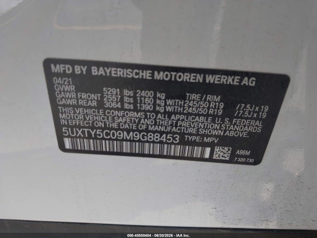 Aukcja sprzedaży 2021 Bmw X3 Xdrive30i, vin: 5UXTY5C09M9G88453, numer aukcji: 45500404