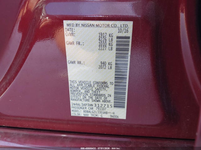 45500433 :رقم المزاد ، 1N4AL3AP3HN312715 vin ، 2017 Nissan Altima 2.5 S مزاد بيع