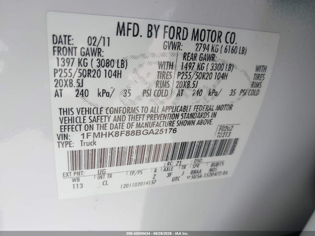 Продаж на аукціоні авто 2011 Ford Explorer Limited, vin: 1FMHK8F88BGA25176, номер лоту: 45500434