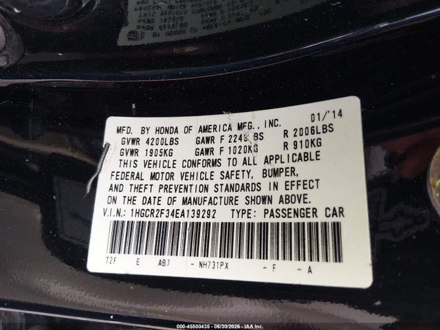 Продажа на аукционе авто 2014 Honda Accord Lx, vin: 1HGCR2F34EA139292, номер лота: 45500435