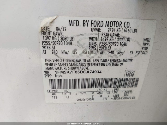 45500449 :رقم المزاد ، 1FM5K7F85DGA74934 vin ، 2013 Ford Explorer Limited مزاد بيع