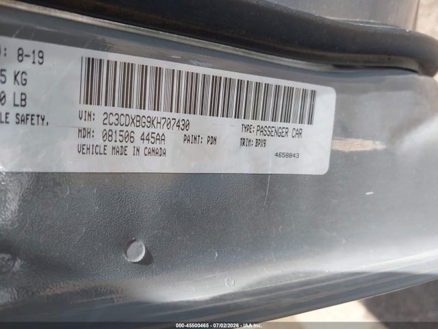 2019 Dodge Charger Sxt Rwd მანქანა იყიდება აუქციონზე, vin: 2C3CDXBG9KH707430, აუქციონის ნომერი: 45500465