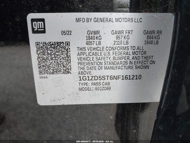 1G1ZD5ST6NF161210 Chevrolet Malibu Fwd Lt