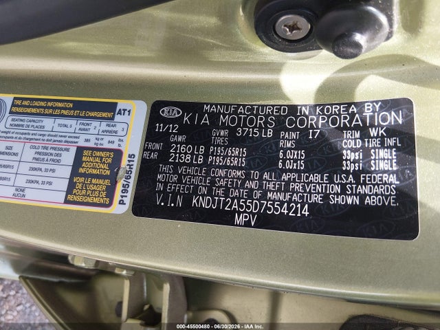 45500480 :رقم المزاد ، KNDJT2A55D7554214 vin ، 2013 Kia Soul مزاد بيع