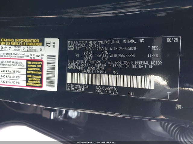 45500481 :رقم المزاد ، 5TDAAAB56TS144914 vin ، 2026 Toyota Grand Highlander Limited مزاد بيع