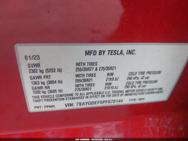 Aukcja sprzedaży 2023 Tesla Model Y Performance Dual Motor All-wheel Drive, vin: 7SAYGDEF5PF670144, numer aukcji: 45500485