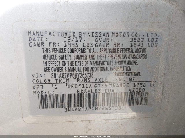 3N1AB7AP6HY265738 Nissan SENTRA SV