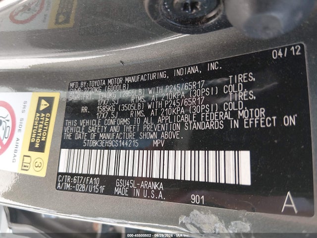 2012 Toyota Highlander Base V6 მანქანა იყიდება აუქციონზე, vin: 5TDBK3EH9CS144215, აუქციონის ნომერი: 45500502