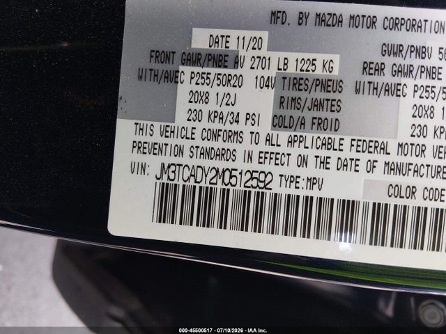 Продажа на аукционе авто 2021 Mazda Cx-9 Grand Touring, vin: JM3TCADY2M0512592, номер лота: 45500517