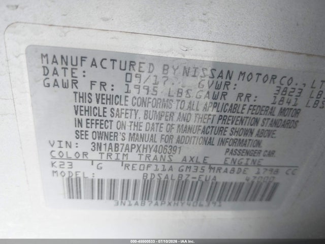 45500533 :رقم المزاد ، 3N1AB7APXHY406391 vin ، 2017 Nissan Sentra S مزاد بيع