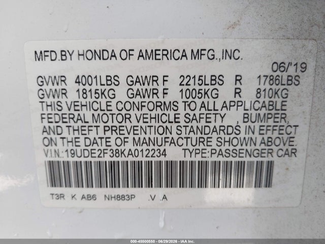 45500550 :رقم المزاد ، 19UDE2F38KA012234 vin ، 2019 Acura Ilx Standard مزاد بيع