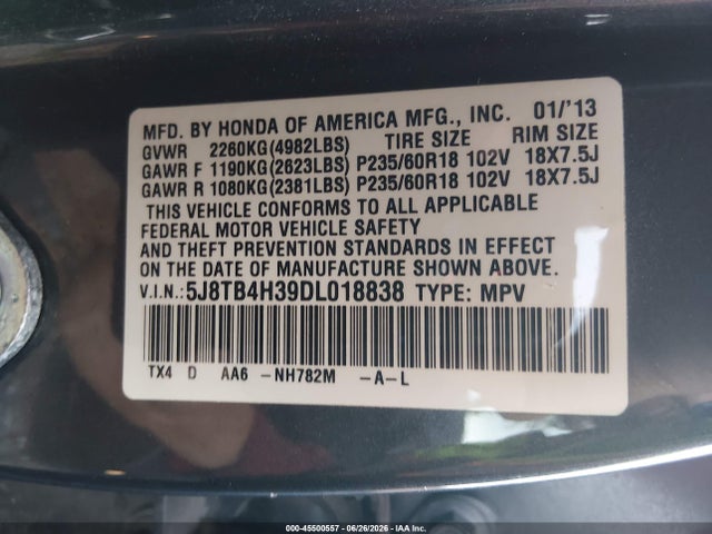 45500557 :رقم المزاد ، 5J8TB4H39DL018838 vin ، 2013 Acura Rdx مزاد بيع