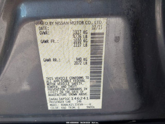 2016 Nissan Altima 2.5 Sv მანქანა იყიდება აუქციონზე, vin: 1N4AL3AP5GC146241, აუქციონის ნომერი: 45500558