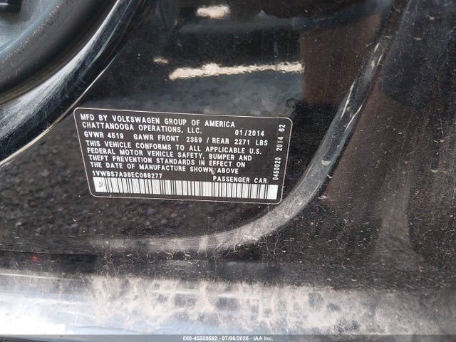 45500562 :رقم المزاد ، 1VWBS7A38EC068277 vin ، 2014 Volkswagen Passat 1.8t Se مزاد بيع