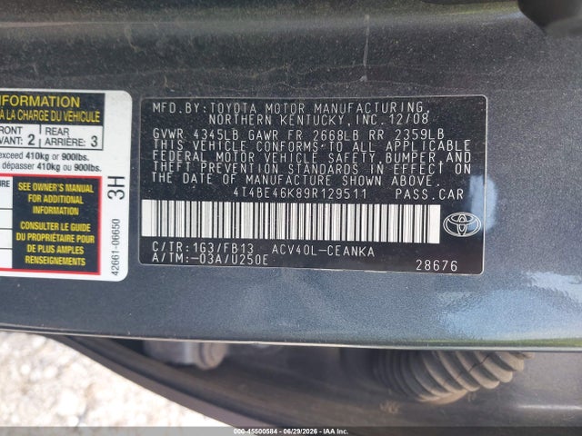 45500584 :رقم المزاد ، 4T4BE46K89R129511 vin ، 2009 Toyota Camry Le مزاد بيع