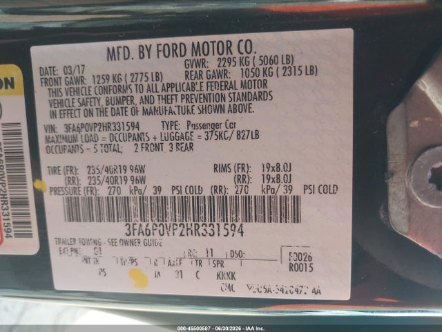 3FA6P0VP2HR331594 Ford Fusion Sport