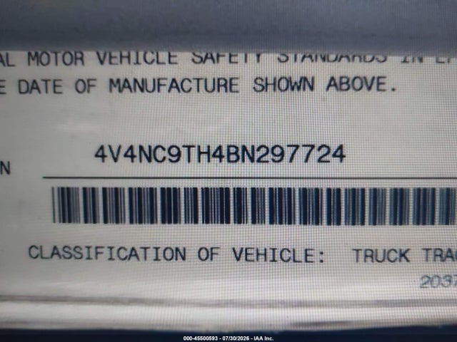 2011 Volvo Vn Vnl მანქანა იყიდება აუქციონზე, vin: 4V4NC9TH4BN297724, აუქციონის ნომერი: 45500593