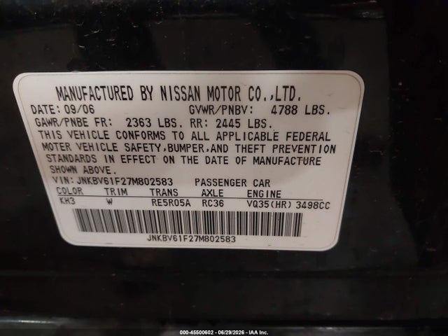 2007 Infiniti G35x მანქანა იყიდება აუქციონზე, vin: JNKBV61F27M802583, აუქციონის ნომერი: 45500602
