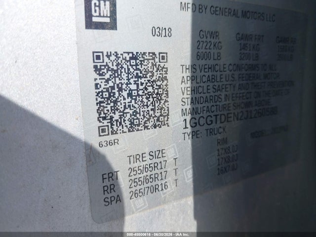 Продаж на аукціоні авто 2018 Chevrolet Colorado Z71, vin: 1GCGTDEN2J1260588, номер лоту: 45500616