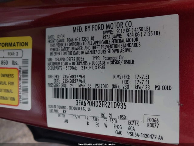 Aukcja sprzedaży 2015 Ford Fusion Se, vin: 3FA6P0HD2FR210935, numer aukcji: 45500618