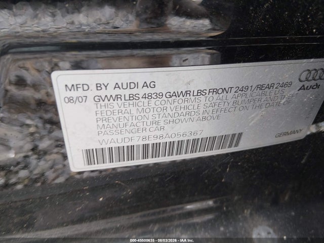 Продаж на аукціоні авто 2008 Audi A4 2.0t, vin: WAUDF78E98A056367, номер лоту: 45500635