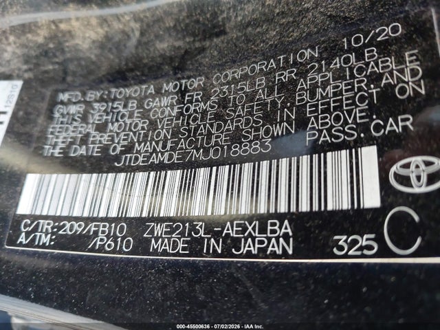 Продаж на аукціоні авто 2021 Toyota Corolla Hybrid Le, vin: JTDEAMDE7MJ018883, номер лоту: 45500636