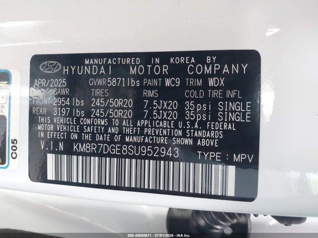 Продаж на аукціоні авто 2025 Hyundai Palisade Calligraphy, vin: KM8R7DGE8SU952943, номер лоту: 45500671