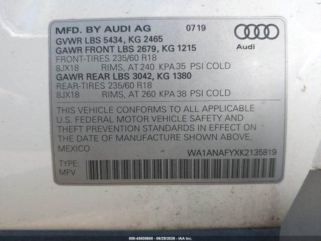 Продажа на аукционе авто 2019 Audi Q5 45 Premium, vin: WA1ANAFYXK2135819, номер лота: 45500688