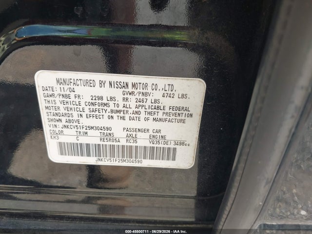 2005 Infiniti G35x მანქანა იყიდება აუქციონზე, vin: JNKCV51F25M304590, აუქციონის ნომერი: 45500711