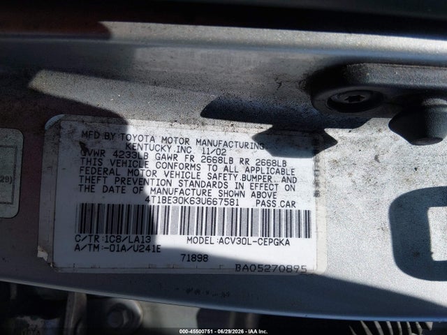 2003 Toyota Camry Xle მანქანა იყიდება აუქციონზე, vin: 4T1BE30K63U667581, აუქციონის ნომერი: 45500751